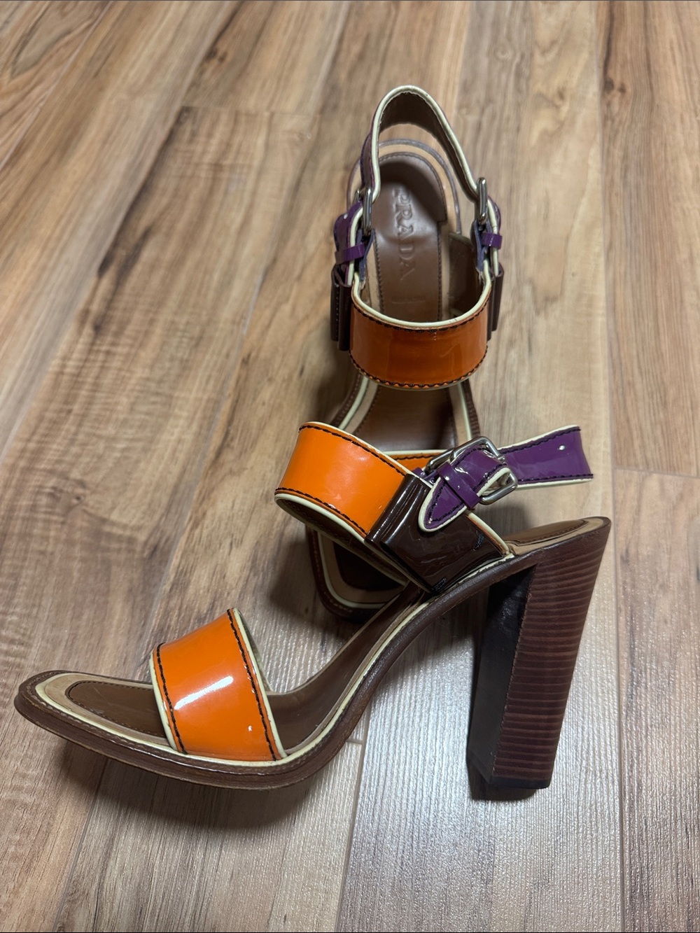 Prada Orange and Purple Patent Block Heel Sandals